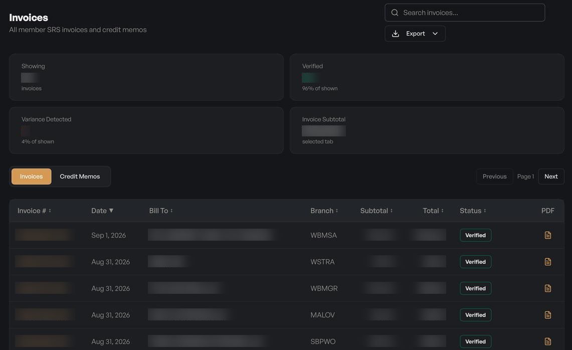 Invoice verification screen with verified invoices and one variance flagged